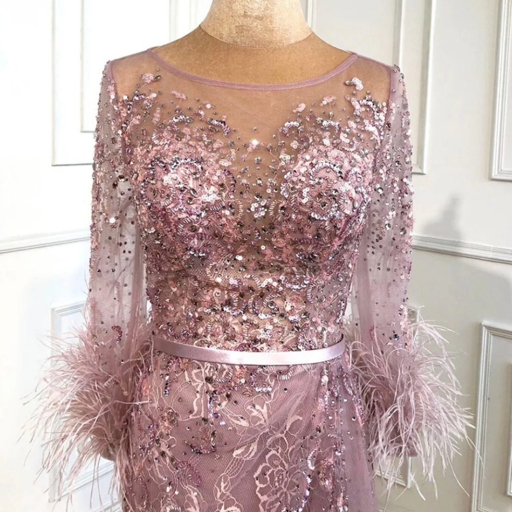 Pink Long Sleeve Evening Gown